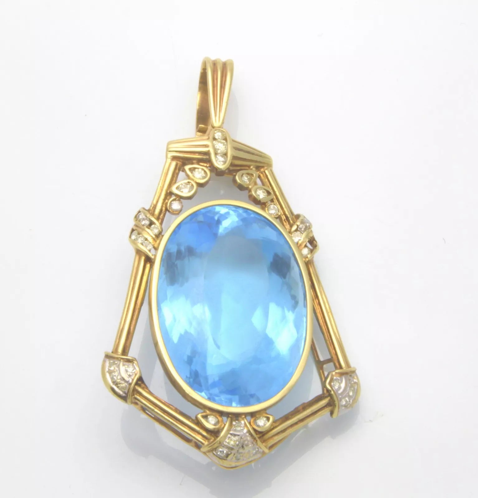 Estate Well Made 30mm Blue Topaz Diamond Pendant in 14K Yellow Gold 28.9 gram