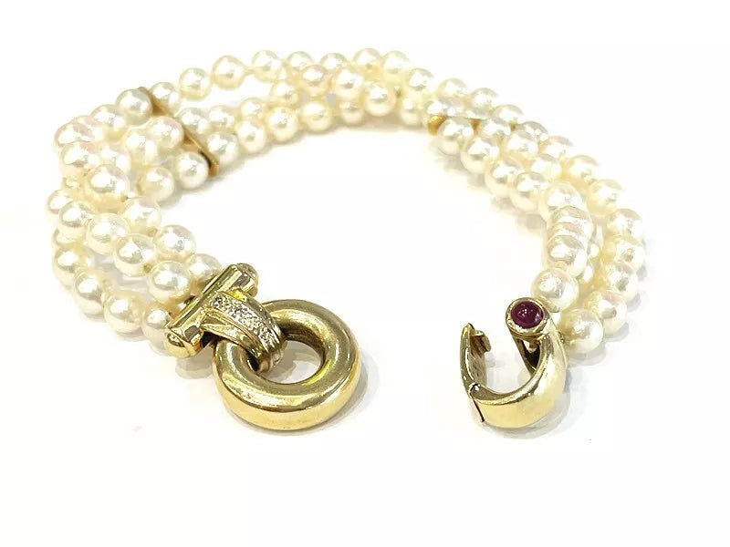 Triple-Strand Pearl 14KW Gold Diamond - Cabachon Ruby & Sapphire Bracelet