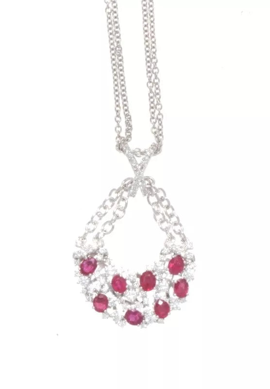 18k White Gold, Natural Burma Oval Ruby & Diamond Pendant Necklace 5.00 tcw.