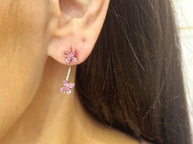 14K Rose Gold Pink Sapphire Flower Shape & Diamond Dangle Earrings 1.69 Carats