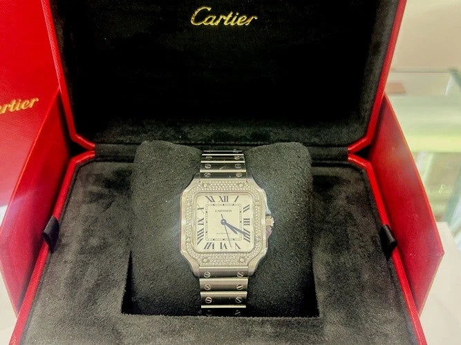 Cartier Stainless Steel Santos De Cartier Watch Pave Bezel Medium Model B&P