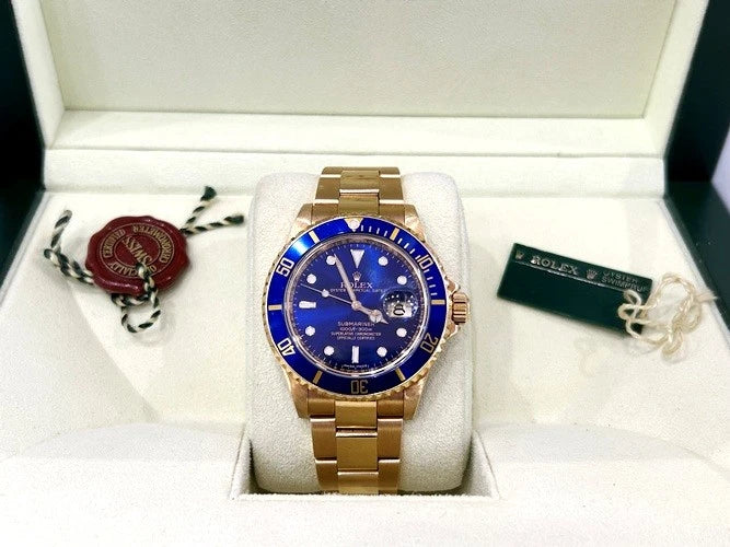 Rolex 18K Yellow Gold Submariner Purple Blue Dial Watch Box & Papers 16618