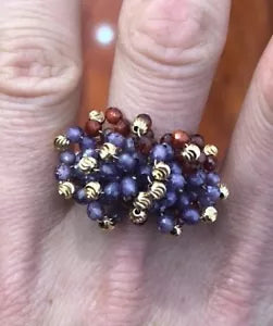 18K Yellow Gold, Amethyst & Garnet Briolette Beaded Ring