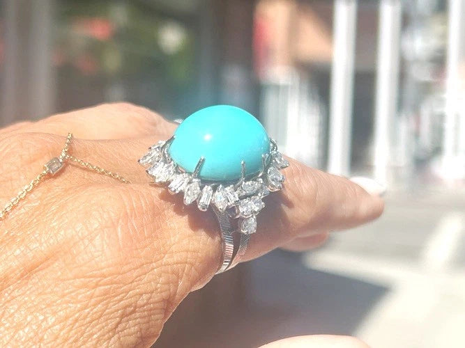 14K White Gold Vintage Turquoise & Diamond Ring 3.00 Carats
