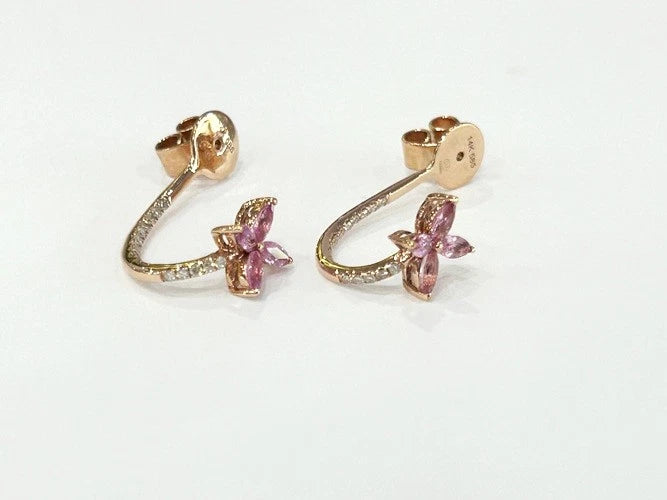 14K Rose Gold Pink Sapphire Flower Shape & Diamond Dangle Earrings 1.69 Carats