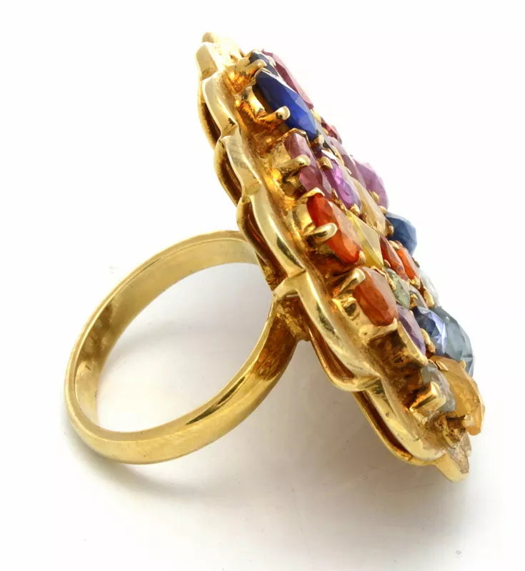 Ornate Multi Color Gemsttones Solid 14k Yellow Gold Ring Band Size 7 17.27 g