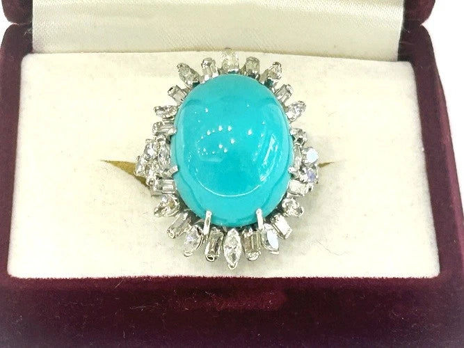 14K White Gold Vintage Turquoise & Diamond Ring 3.00 Carats