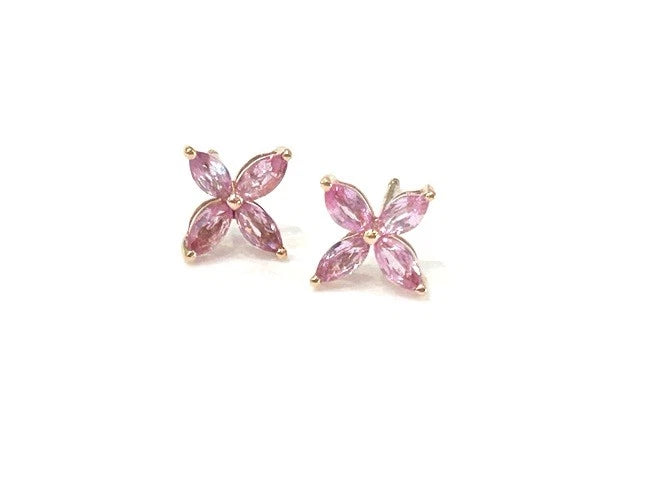 14K Rose Gold Pink Sapphire Flower Shape & Diamond Dangle Earrings 1.69 Carats