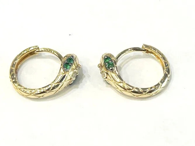 14K Yellow Gold Diamond & Emerald Snake Huggie Earrings 0.07 Carat Total Weight