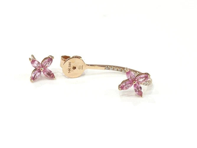 14K Rose Gold Pink Sapphire Flower Shape & Diamond Dangle Earrings 1.69 Carats