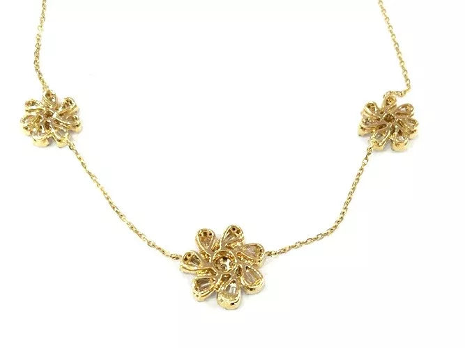 14K Yellow Gold 3-Staton Diamond Flower Necklace 1.20 Carat Total Weight