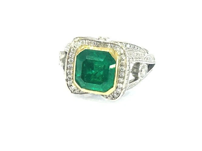 18K White & Yellow Gold Natural Columbian Emerald & Diamond Ring 2.47 Carats