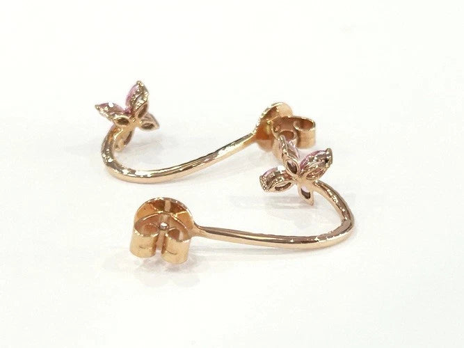 14K Rose Gold Pink Sapphire Flower Shape & Diamond Dangle Earrings 1.69 Carats
