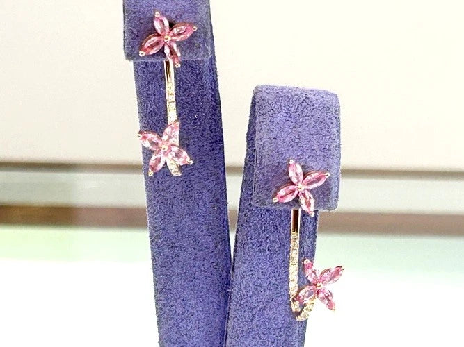 14K Rose Gold Pink Sapphire Flower Shape & Diamond Dangle Earrings 1.69 Carats
