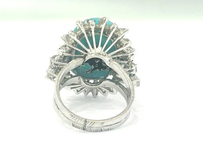 14K White Gold Vintage Turquoise & Diamond Ring 3.00 Carats