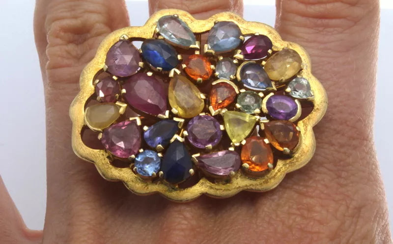 Ornate Multi Color Gemsttones Solid 14k Yellow Gold Ring Band Size 7 17.27 g