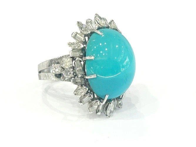 14K White Gold Vintage Turquoise & Diamond Ring 3.00 Carats