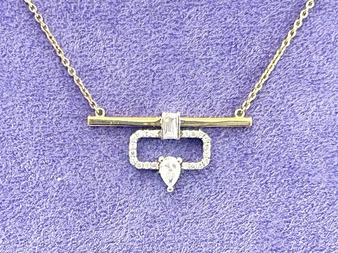 18K Yellow Gold Dangling Geometric Diamond Bar Necklace 0.39 Carats