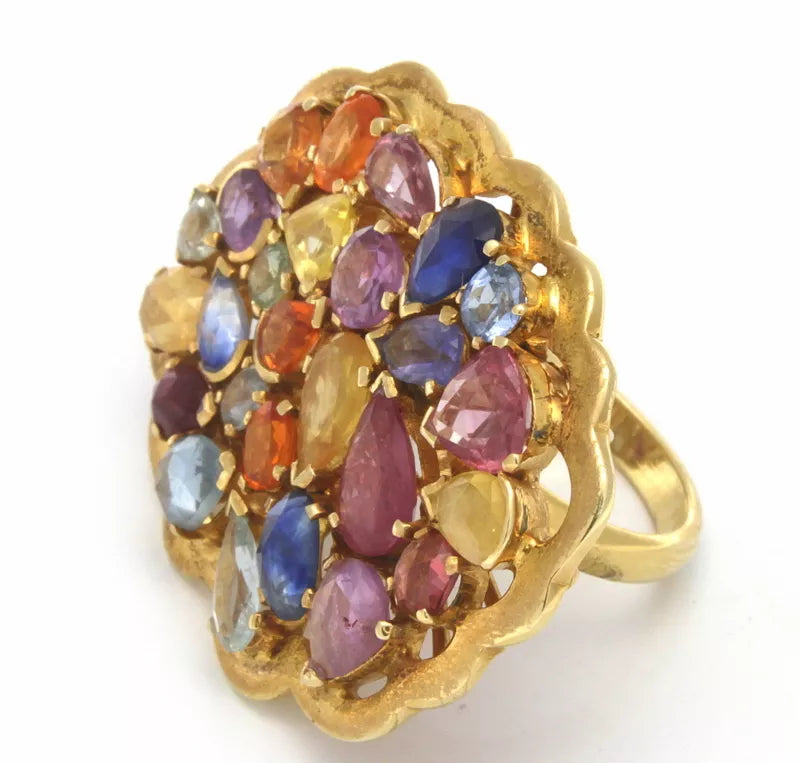 Ornate Multi Color Gemsttones Solid 14k Yellow Gold Ring Band Size 7 17.27 g