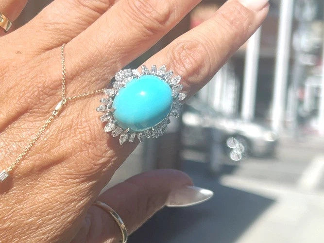 14K White Gold Vintage Turquoise & Diamond Ring 3.00 Carats