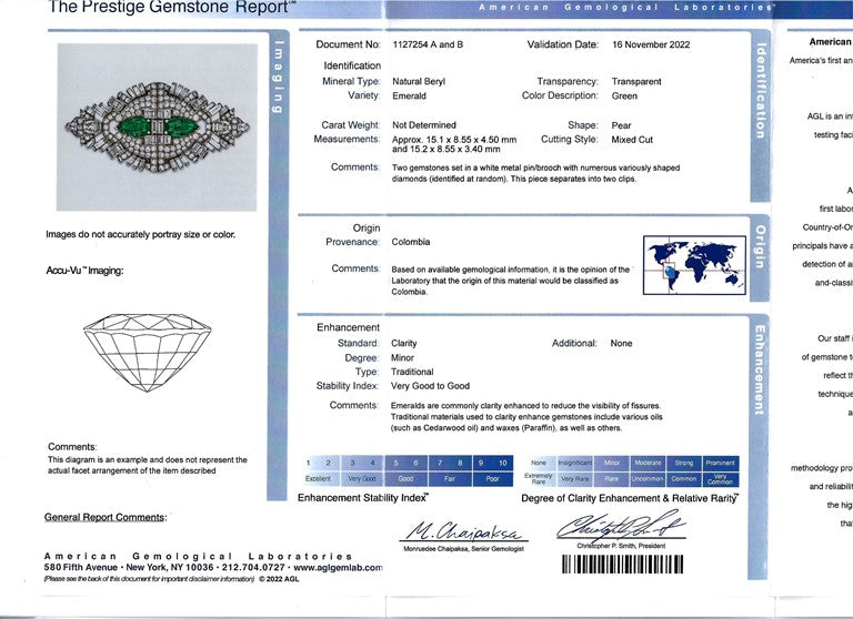 1920 Platinum Art Deco Emerald Diamond Double Clip