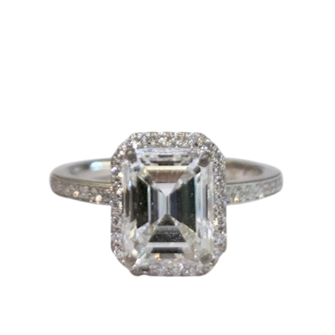 18K WHITE GOLD, EMERALD CUT WITH DIAMOND HALO, ENGAGEMENT RING