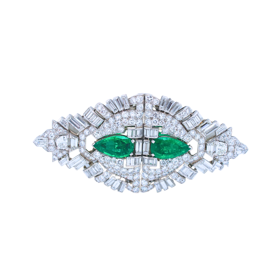 1920 Platinum Art Deco Emerald Diamond Double Clip