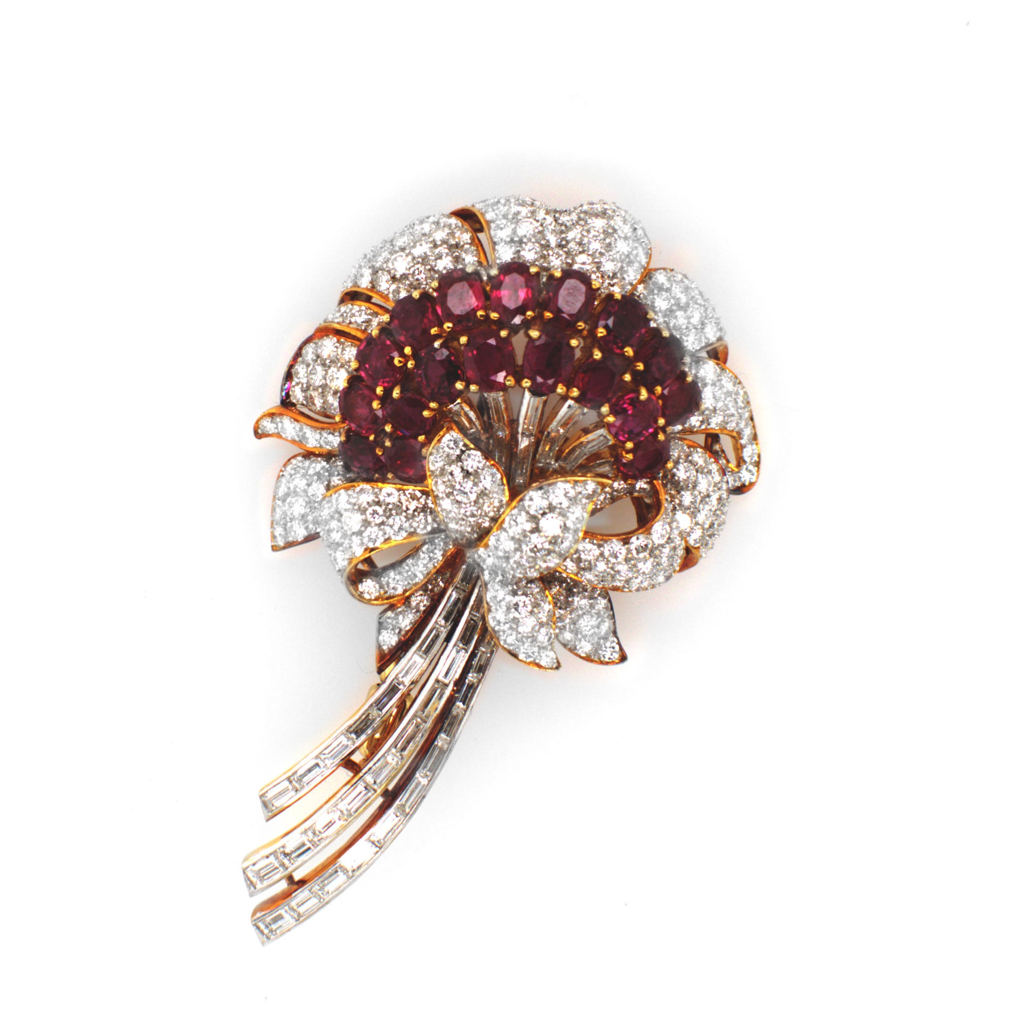 Vintage Diamond Ruby Flower Design Brooch