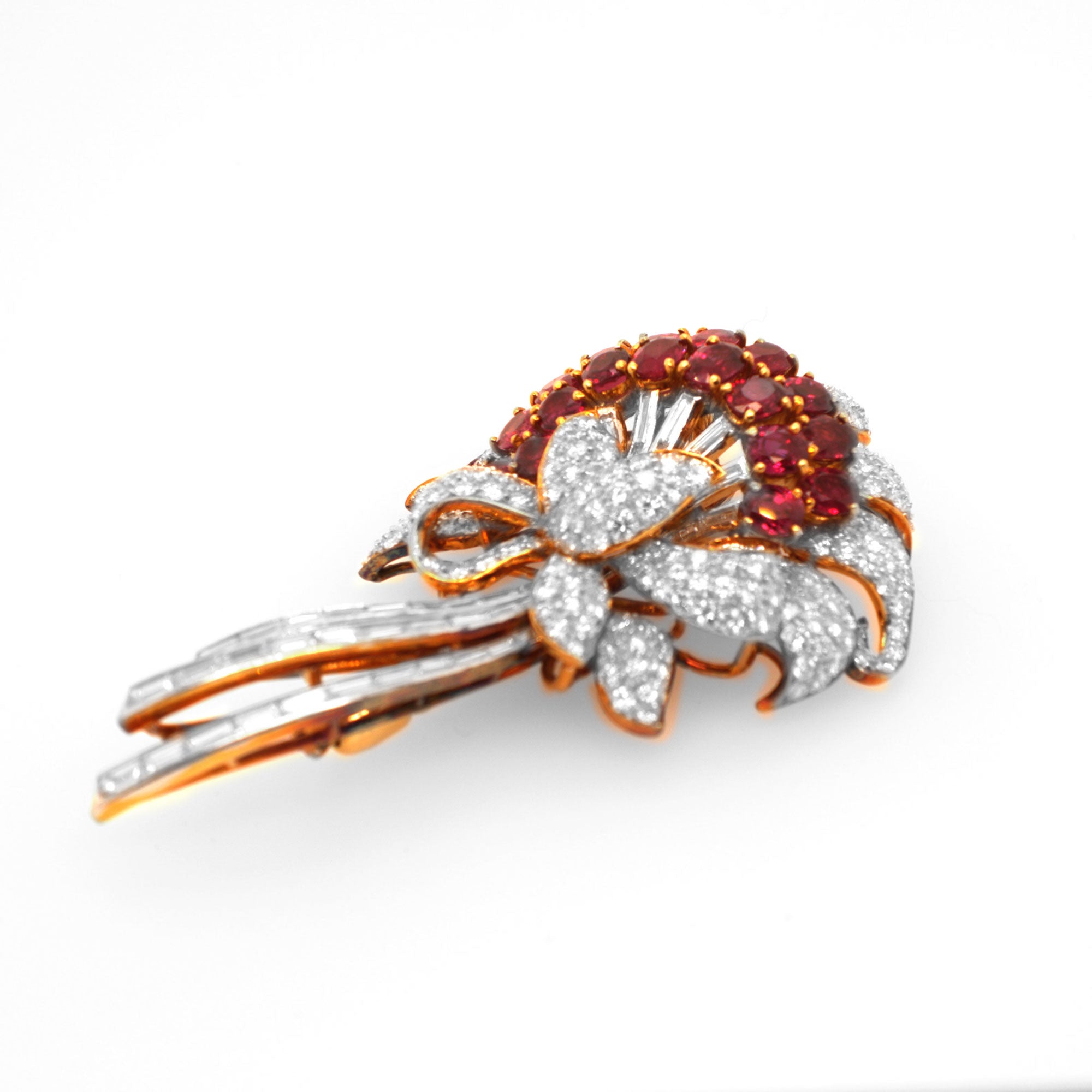 Vintage Diamond Ruby Flower Design Brooch